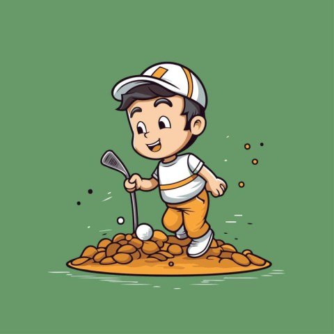 Cartoon boy playing golf. Vector illustration of a boy playing g