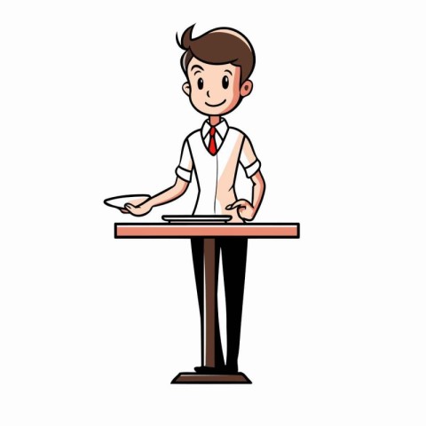 Waiter with tray. Vector illustration in cartoon style on white