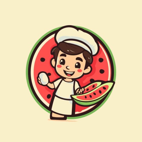 Cartoon character illustration of a boy chef holding a slice of