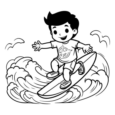 Boy surfing on wave. black and white vector illustration for col