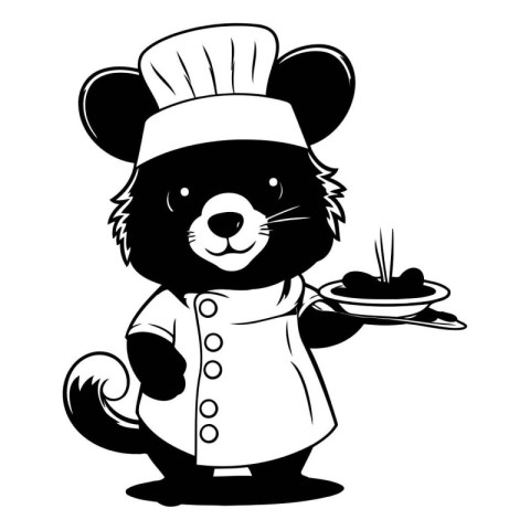 Black and white illustration of a hamster chef holding a plate o