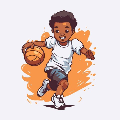 Cute african american boy playing basketball. Vector illustratio