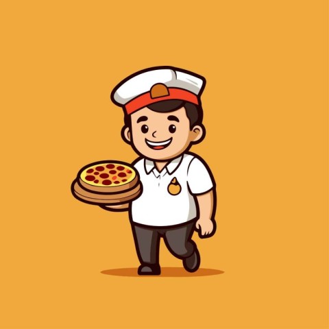 Cartoon chef with pizza. Cute and funny vector illustration.