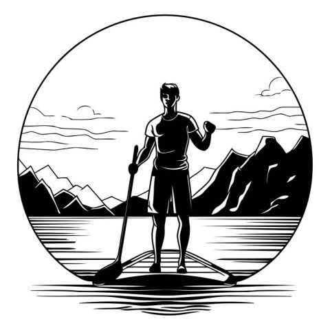 Man paddling on a paddle board. Vector illustration in retro sty