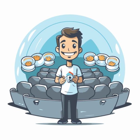 Illustration of a man eating sushi in the cinema. Vector illustr