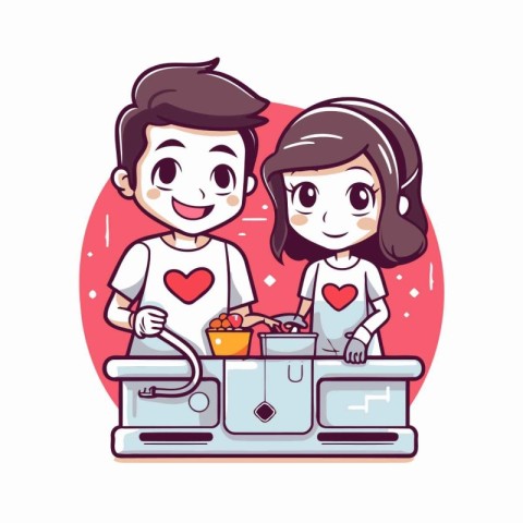 Cute couple cooking in the kitchen. Vector illustration in carto