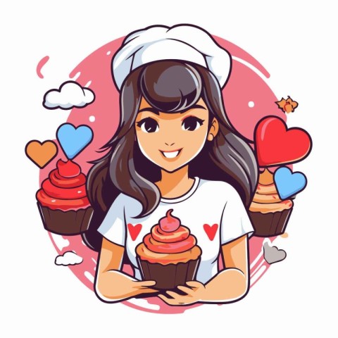 Cute girl chef holding cupcake with hearts. Vector illustration.