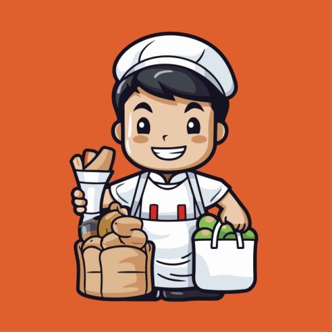 Cute cartoon chef with a bag of food. Vector illustration.