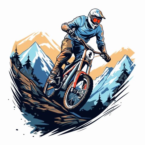 Mountain biker on the background of mountains. Vector illustrati