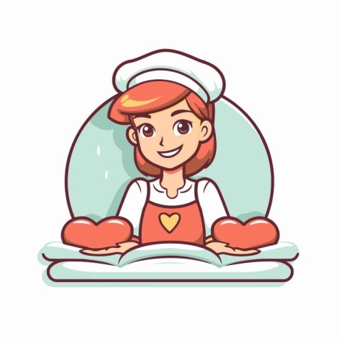 Cute cartoon girl chef in uniform and hat with heart. Vector ill