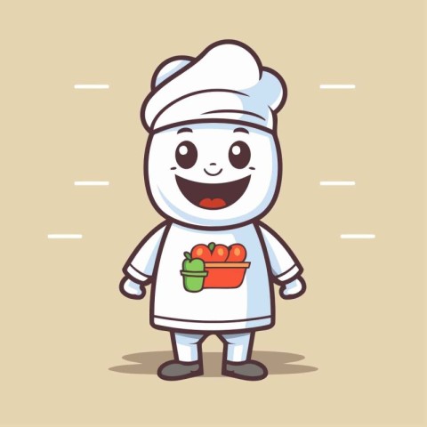 Cute chef character with a bucket of strawberries. Vector illust