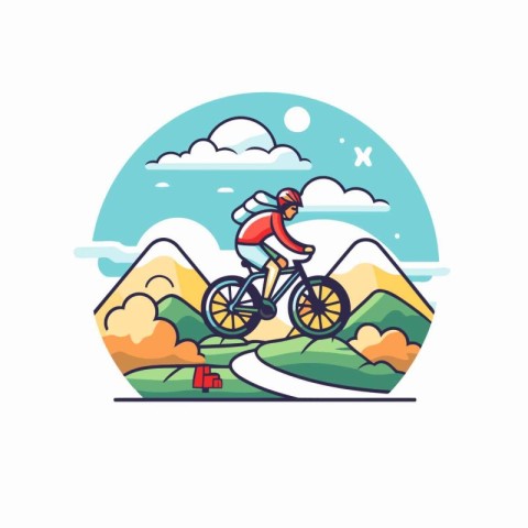 Cyclist riding mountain bike. Flat style vector illustration on