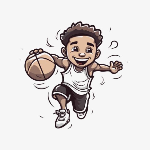 Cartoon character of a basketball player jumping with ball. Vect