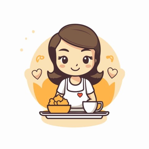 Cute girl in apron with plate of breakfast. Vector illustration.