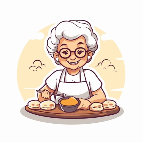 Grandmother cooking on the kitchen. Vector illustration in carto