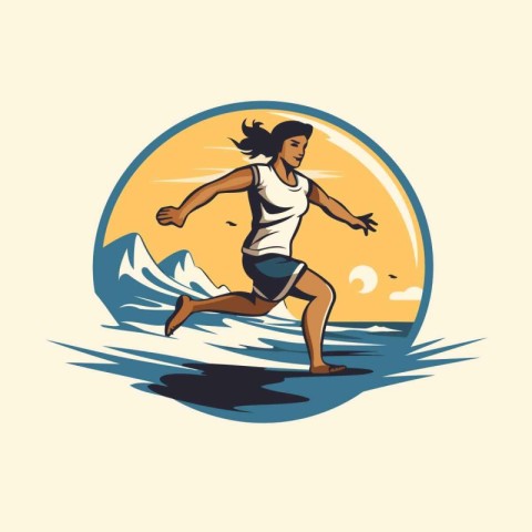 Woman running on the beach. Vector illustration in retro design