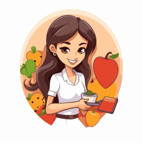 Cute girl with fruits and vegetables. Vector illustration in car