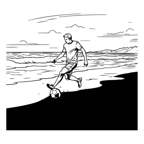 Soccer player on the beach. Hand drawn black and white vector il