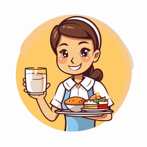 Cartoon waitress holding a tray of food and a glass of milk