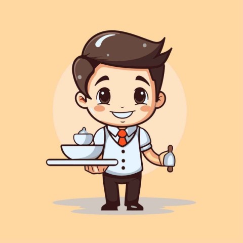 Cute waiter holding a plate of food. Vector cartoon illustration