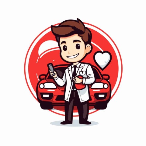 Car dealer with car and key. Vector illustration in cartoon styl