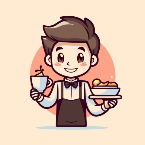 Waiter holding a cup of coffee and plate of cookies. Vector illu