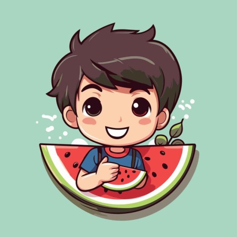 Cute little boy eating watermelon. Vector cartoon character illu