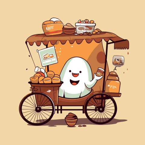 Cute ghost riding a cart with food. Vector cartoon illustration.