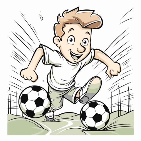 Cartoon soccer player kicking the ball. Vector clip art illustra