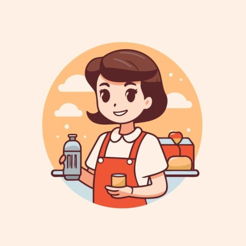 Coffee shop. Cute cartoon girl character in apron. Vector illust