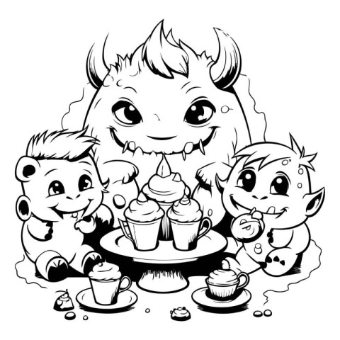 Black and White Cartoon Illustration of Devil and Monsters Eatin