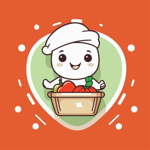 Cute cartoon chef with a box of fresh vegetables. Vector illustr