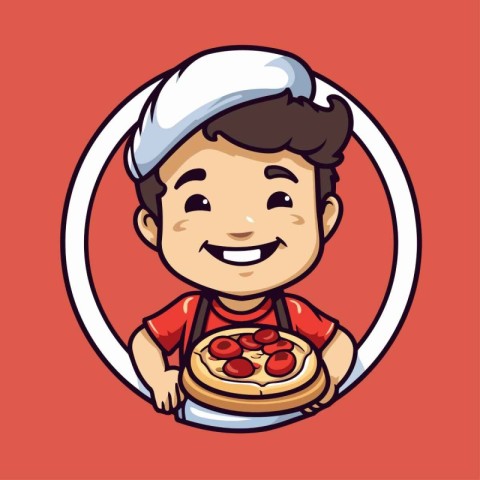 Chef boy with pizza. Vector illustration of a cartoon character.