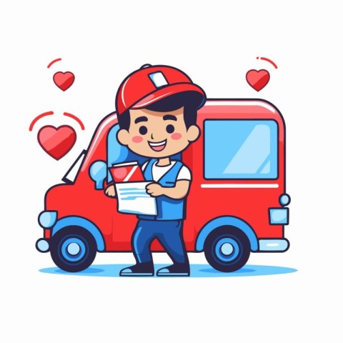 Delivery man with parcel and van. Vector illustration in flat st