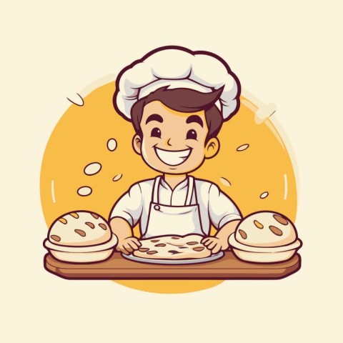 Chef boy holding plate with pancakes. Vector illustration in car