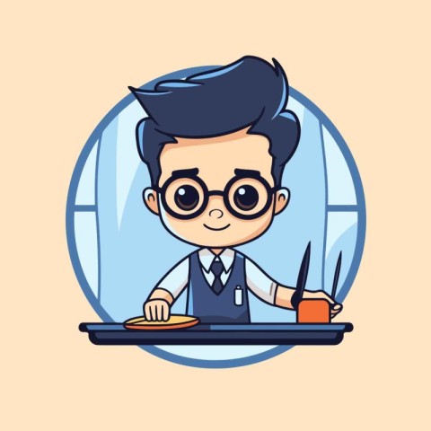 Cute boy eating sushi in restaurant cartoon vector illustration