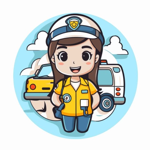 Cute nurse cartoon character with ambulance and car. Vector illu