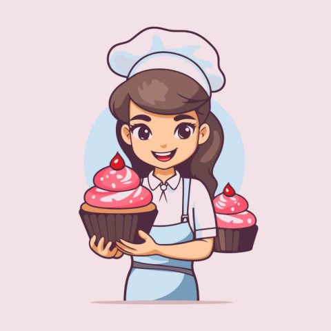 Cute girl chef holding cupcake. Vector illustration in cartoon s