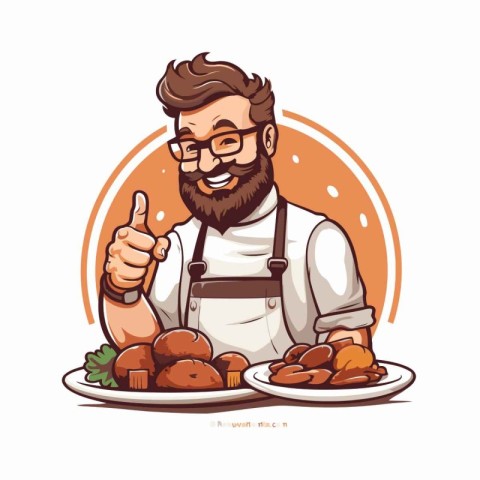 Handsome hipster man in apron and eyeglasses holding plate of ba