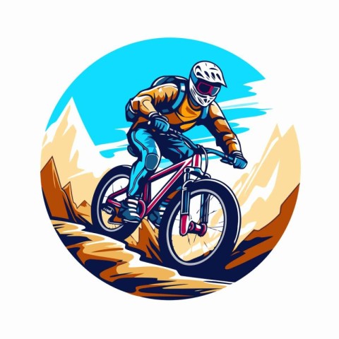 Mountain biker riding a mountain bike round icon logo vector ill