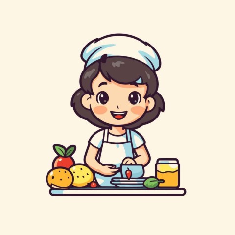 Cute little chef girl cooking in the kitchen. Vector illustratio