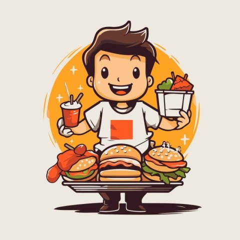 Vector illustration of a boy with hamburger and fast food in car