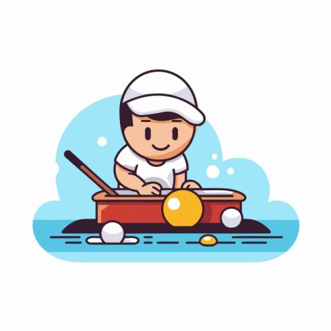 Little boy playing ice hockey. Vector illustration in flat carto