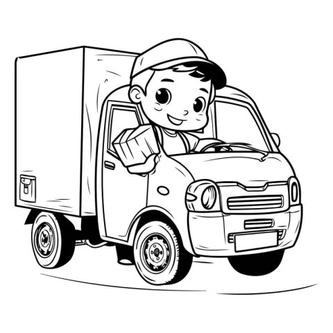 delivery boy with box in truck. vector illustration on white bac