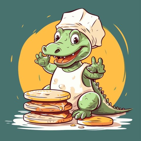 Cute crocodile chef with stack of pancakes. Vector illustration.