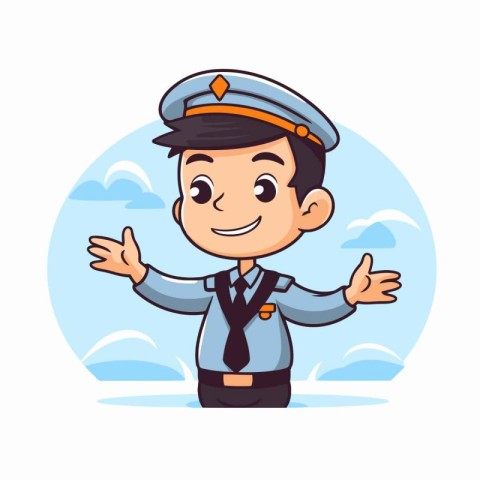 Cute boy pilot in uniform waving his hands. Vector illustration.