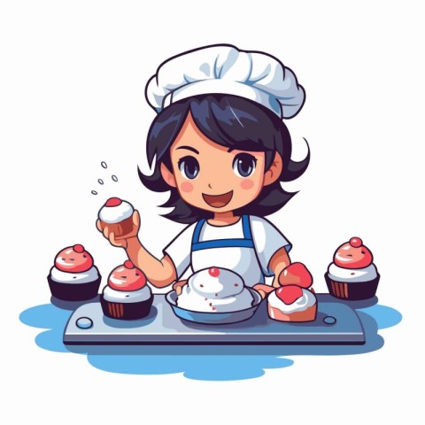 Cute little chef girl cooking cupcakes. Cartoon vector illustrat