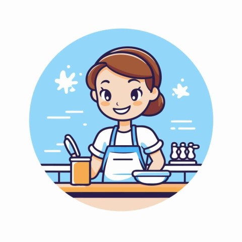 Girl in apron cooking in kitchen. Vector illustration in flat st