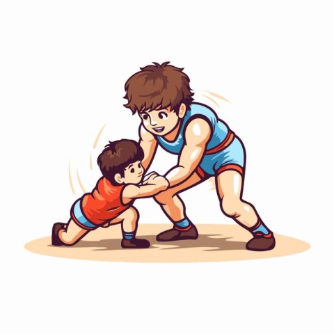 Father and son are playing tug-of-war. Vector illustration.