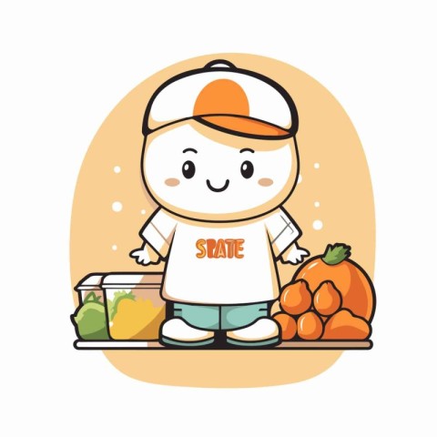 Illustration of a Cute Boy Carrying Groceries and Fruits